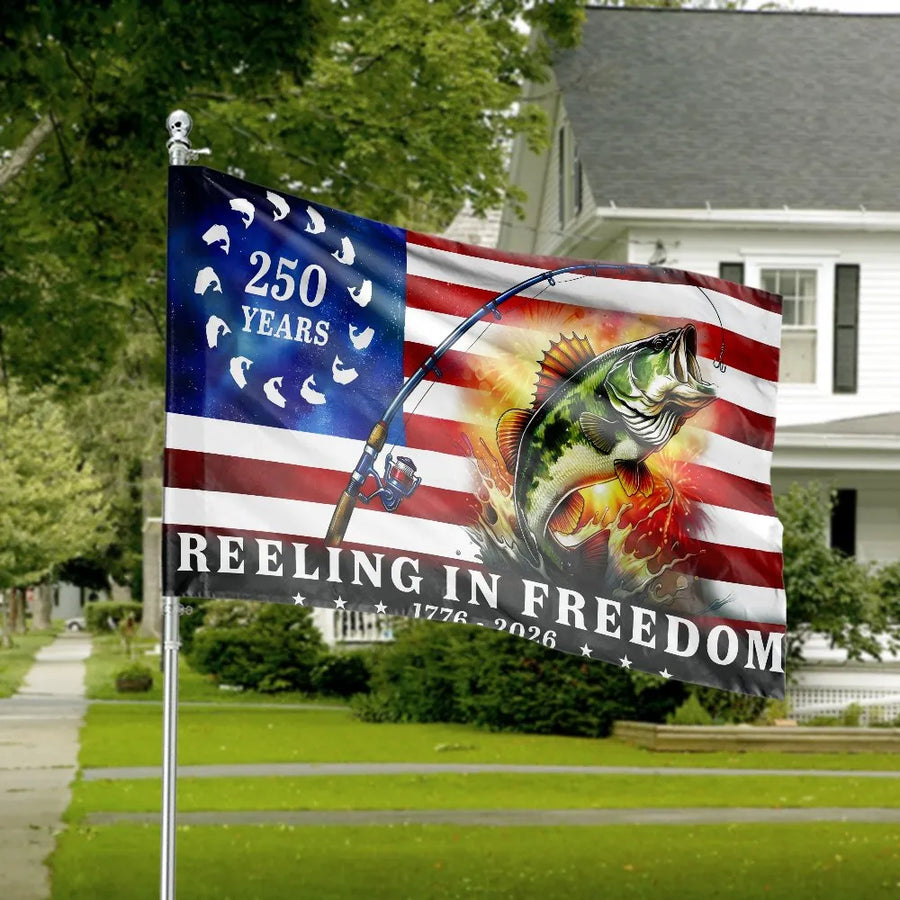 Bass Fishing American Flag | 250 Years Reeling in Freedom Design | Weather-Resistant Double Sided | Patriotic Yard Decor Gift for Fisherman