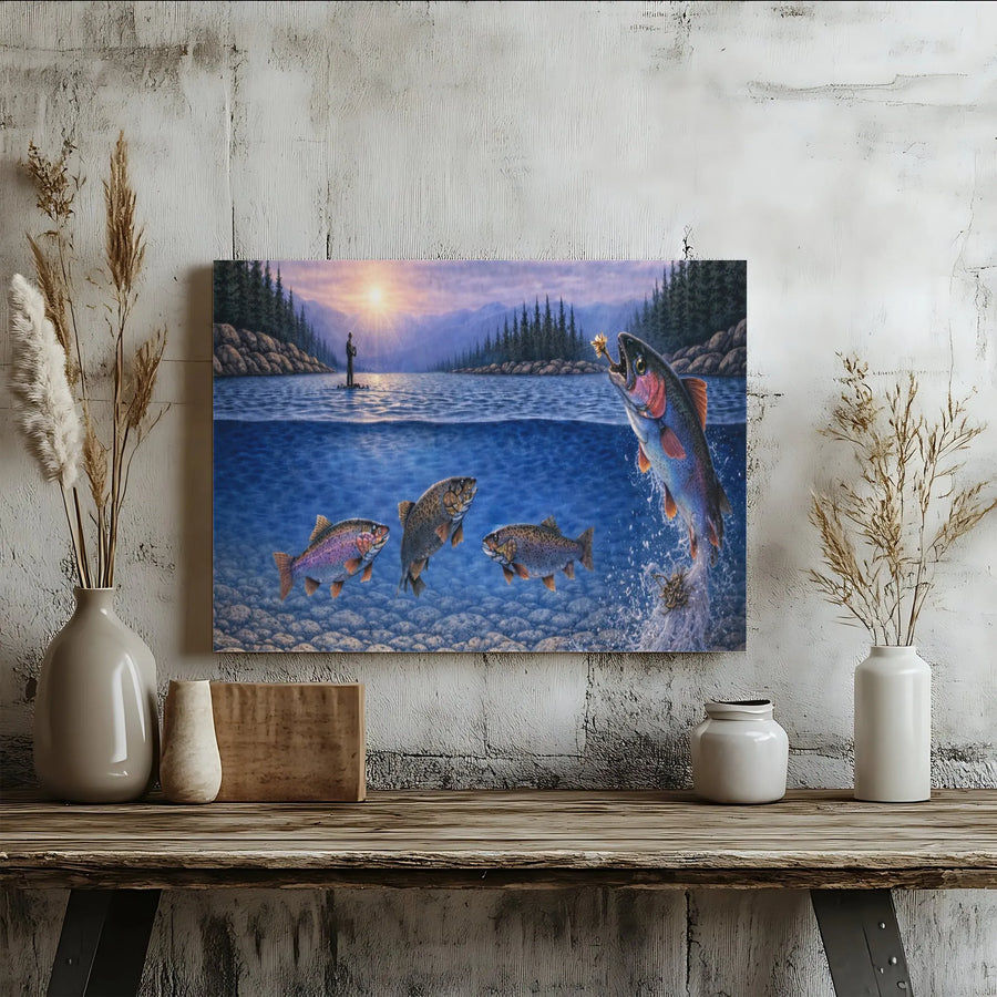 Fly Fishing Trout Canvas Print | Jumping Rainbow Trout Underwater Scene | Premium Gallery Wrapped Canvas | Collector's Gift for Angler, Cabin Decor