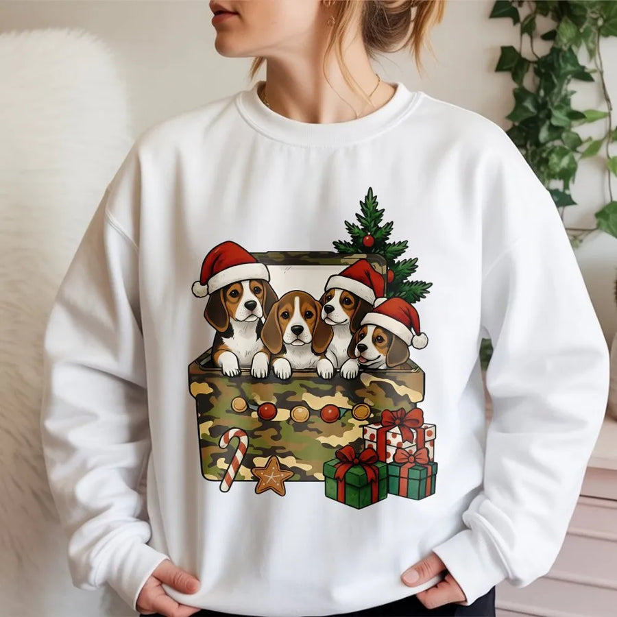 Christmas Beagle Sweatshirt | Cute Puppies in Holiday Gift Box | Premium Soft Cotton Blend | Festive Dog Lover Gift for Her