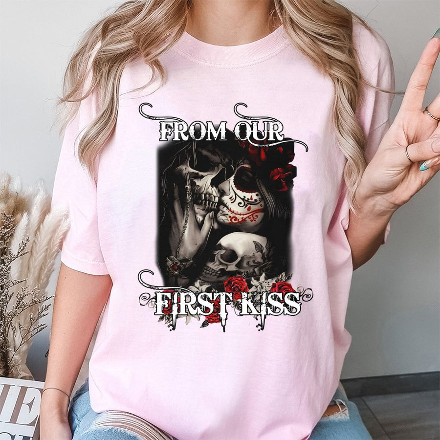 Skull and Rose Couple T-Shirt | Gothic Romantic Sugar Skull Design | 100% Premium Cotton Tee | Unique Valentine Gift for Him and Her