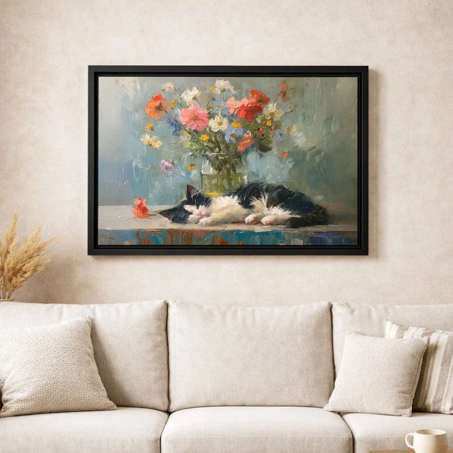 Sleeping Tuxedo Cat Wall Art | Impressionist Flower Bouquet Oil Painting Print | Gallery-Quality 1.25" Thick Canvas | Cozy Home Decor Gift for Cat Lovers