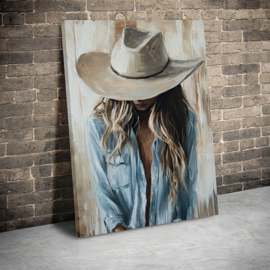 Western Cowgirl Canvas Wall Art | Moody Portrait With Cowboy Hat | Premium Gallery-Wrapped Print | Farmhouse Boho Home Decor Gift