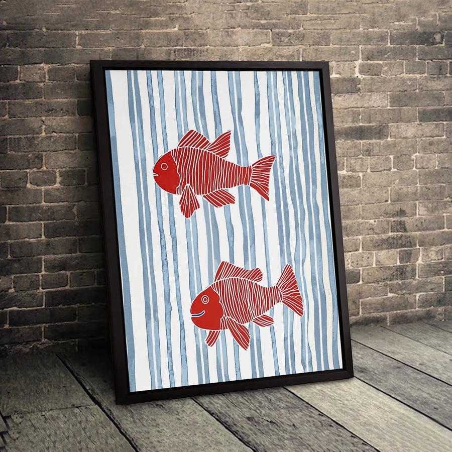 Red Fish Coastal Wall Art | Modern Minimalist Nautical Stripe Print | Premium 1.25" Thick Gallery Canvas | Beach House & Nursery Decor