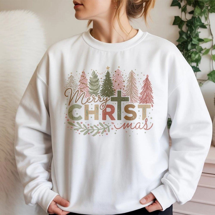 Merry Christ-mas Sweatshirt | Religious Christian Christmas Tree Design | Premium Cotton Blend | Faith-Based Holiday Gift for Women