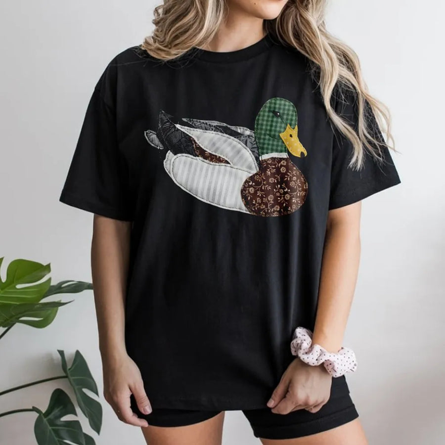 Mallard Duck T-Shirt | Faux Patchwork Quilt Style Graphic | Cozy Cotton Blend Sweatshirt | Gift for Bird Watcher & Nature Lover