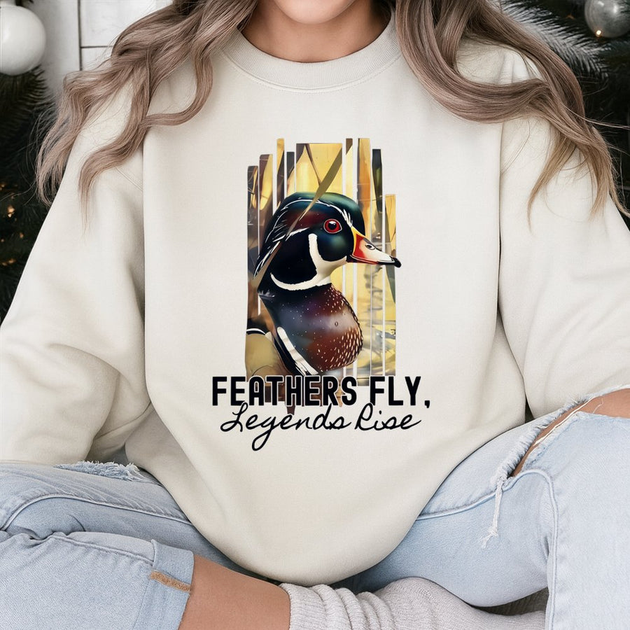 Wood Duck Sweatshirt | Feathers Fly Legends Rise Graphic | Premium Cotton Blend Crewneck | Outdoor Gift for Hunter and Nature Lover