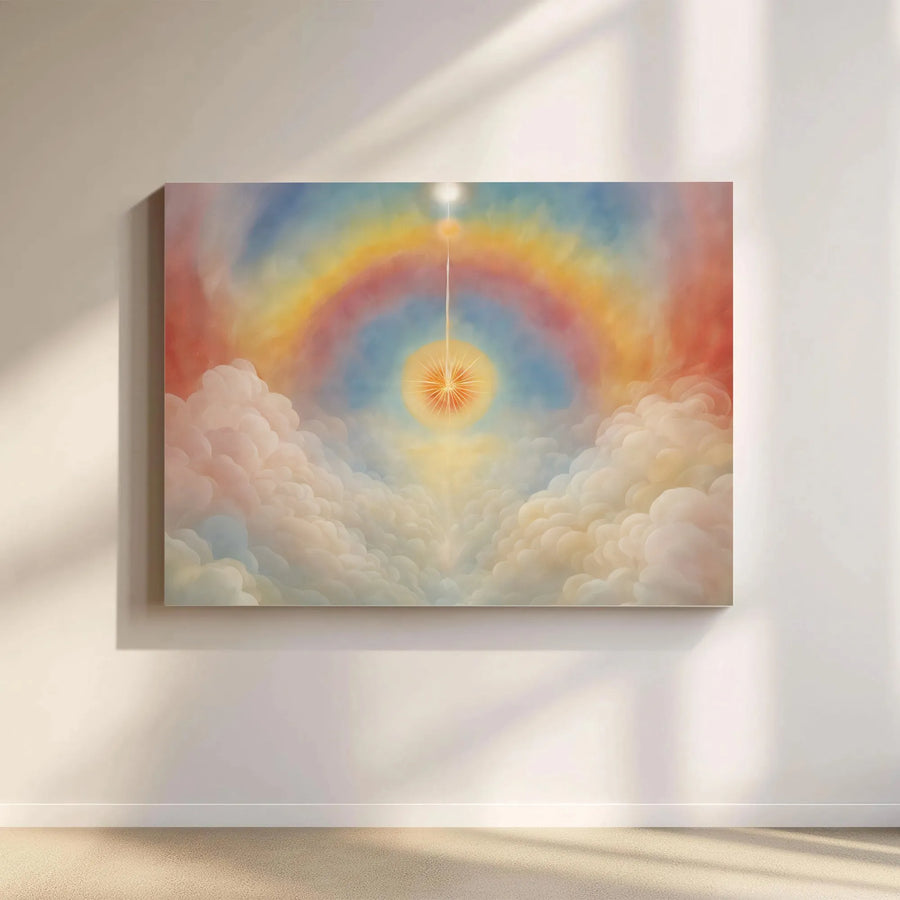 Celestial Rainbow Sun Canvas Print | Divine Light Cloud Artwork | Premium Gallery Wrapped Wall Decor | Spiritual Home Office Gift