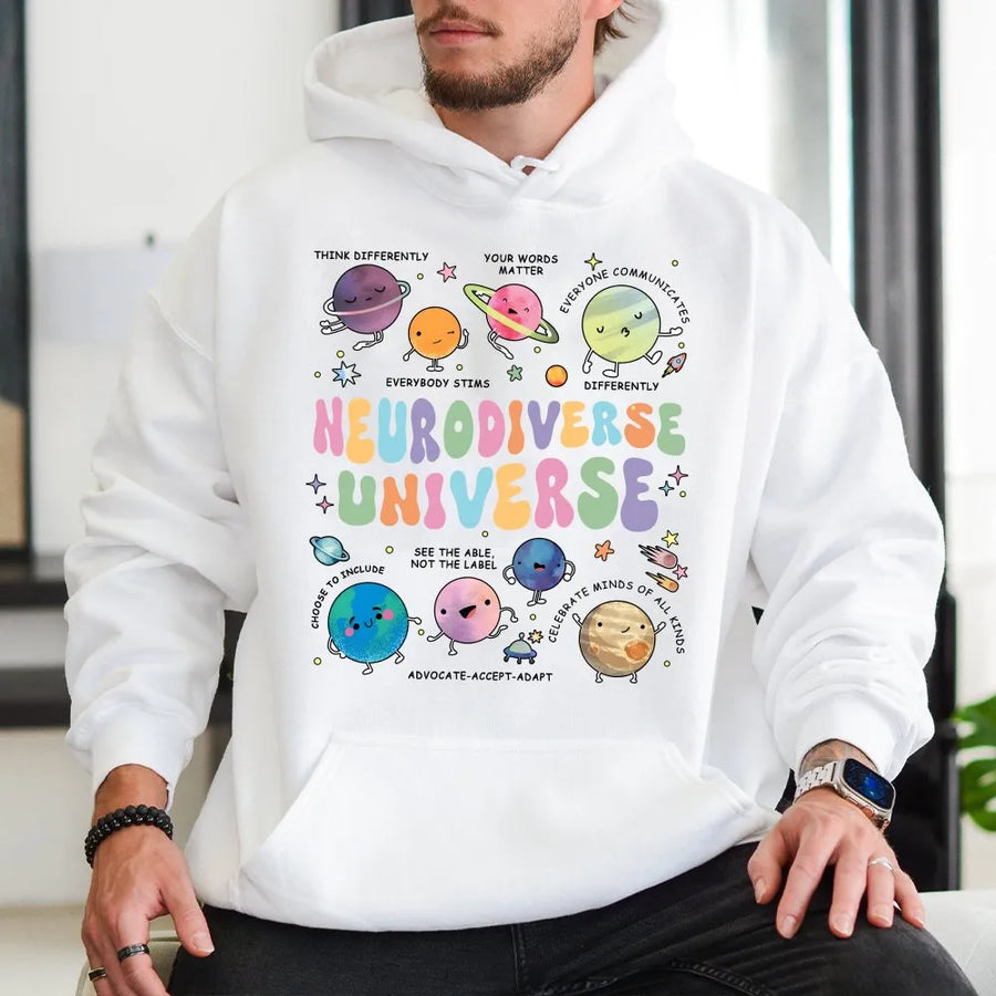 Neurodiverse Universe Hoodie | Colorful Planets Graphic Tee | Soft Premium Cotton | Autism Awareness Gift for Sped Teacher