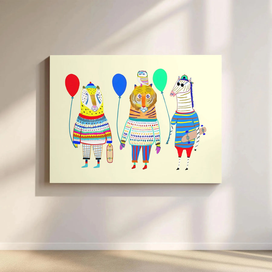 Whimsical Animal Wall Art | Tiger Cheetah Zebra Skater Crew | Premium Gallery Wrapped Canvas | Colorful Nursery Decor Gift