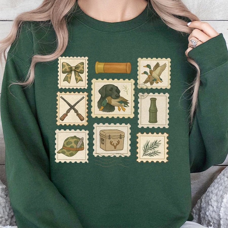 Duck Hunting Sweatshirt | Retro Stamp Collection Graphic | Soft Cotton Blend | Wildlife Lover Gift For Girlfriend