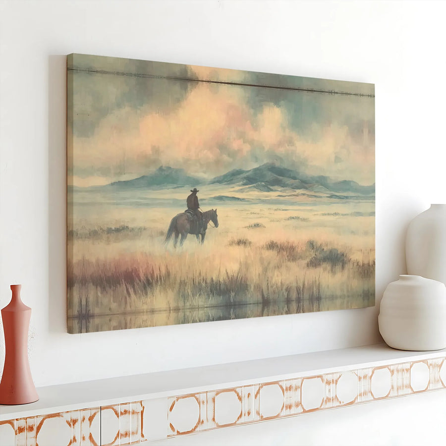 Western Cowboy Wall Art | Misty Landscape Horse Painting | Premium Stretched Canvas Print | Rustic Home Office Decor Gift
