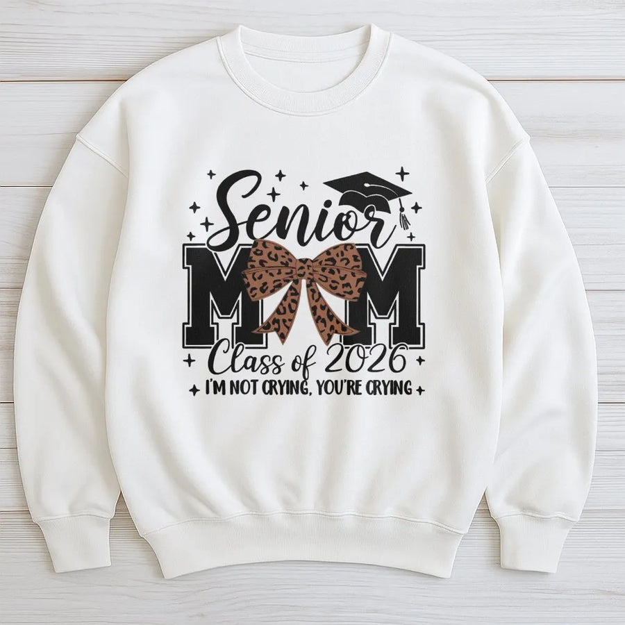 Senior Mom 2026 Sweatshirt | Leopard Bow Graphic Graduation Apparel | Premium Cotton-Poly Blend | Proud Graduation Gift For Mom