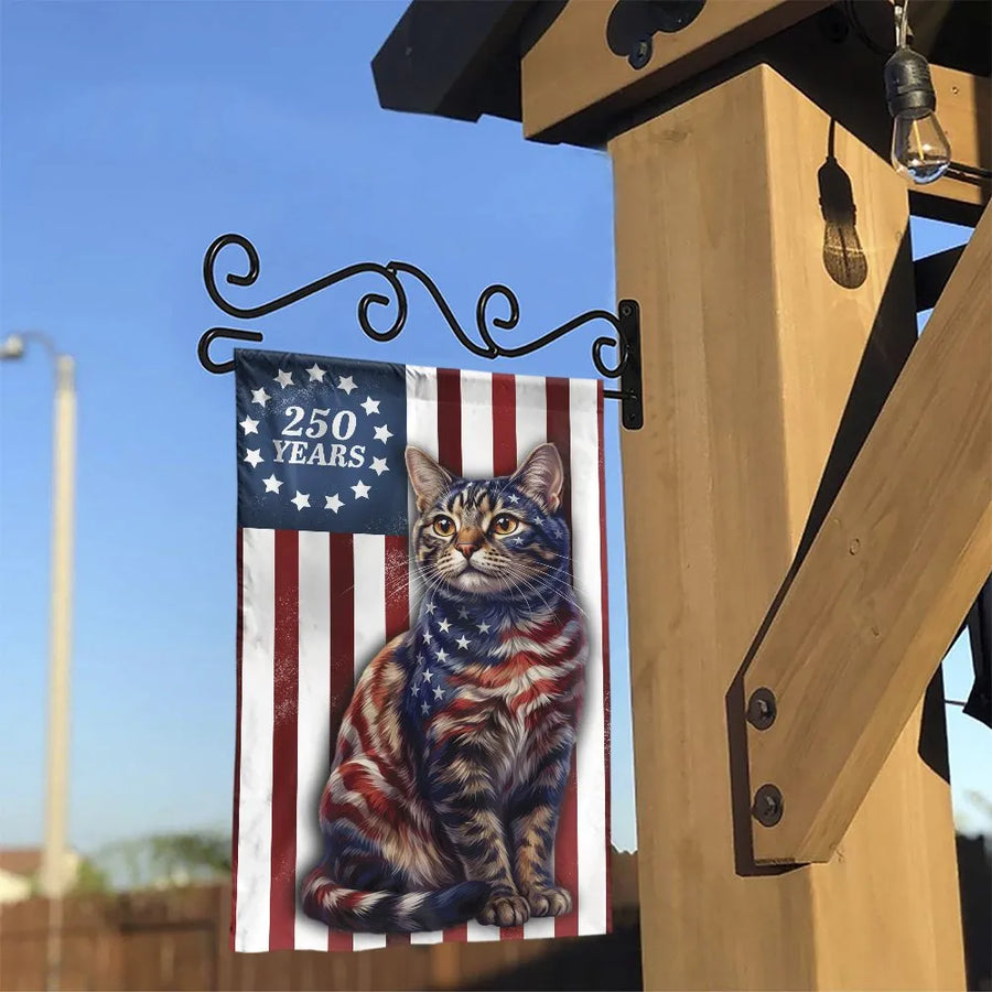 American Flag Cat Garden Flag | 250 Years Patriotic Tabby Cat | Double Sided Polyester | Outdoor Yard Decor Gift for Cat Lovers