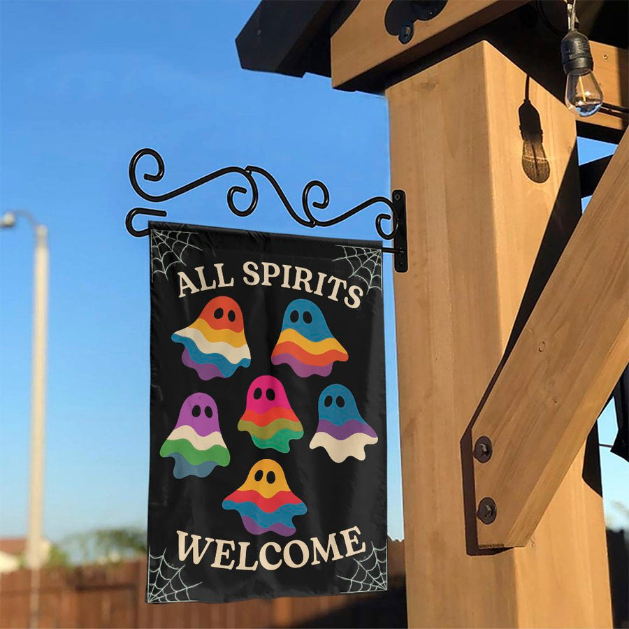 All Spirits Welcome Garden Flag | Rainbow Ghost Halloween Outdoor Decor | Weather-Resistant Polyester | Inclusive Yard Banner Gift
