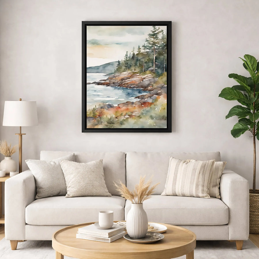 Coastal Pine Forest Canvas Print | Watercolor Rocky Shore Landscape | Gallery Wrapped Premium Wall Art | Serene Nature Decor for Home Office