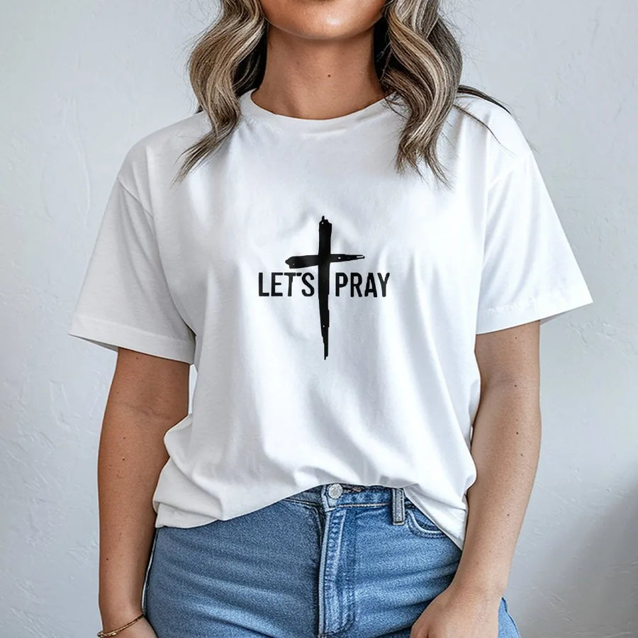Let's Pray Christian T-Shirt | Modern Distressed Cross Graphic | Premium Cotton Tee | Faith Based Inspirational Gift for Men & Women