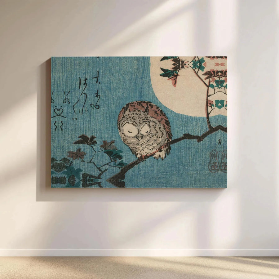 Japanese Owl Wall Art | Ukiyo-E Sleeping Owl Under Full Moon | Premium Gallery Wrapped Canvas Print | Zen Home Decor for Living Room