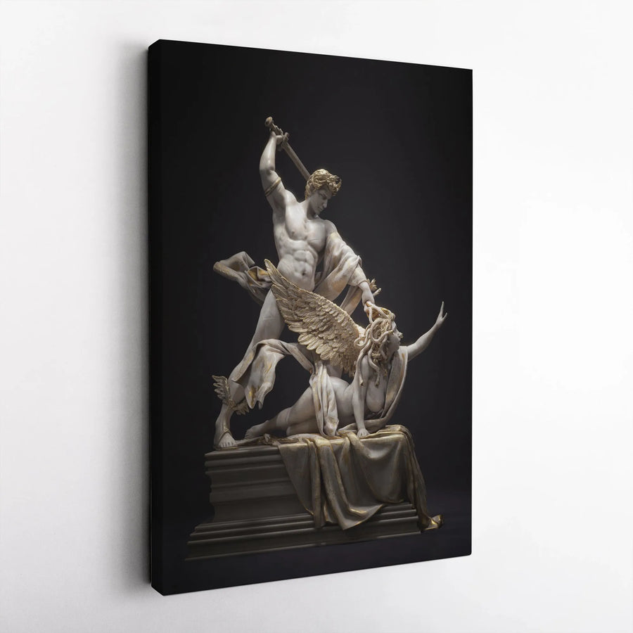 Perseus Slaying Medusa Canvas Art | Greek Mythology Marble & Gold Statue Print | Premium Gallery Wrap Decor | Mythological Wall Art Gift