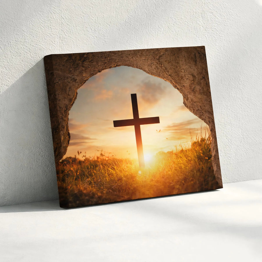 Empty Tomb Canvas Wall Art | Christian Cross at Sunrise | Premium Thick Gallery Wrap | Inspirational Faith Decor Gift