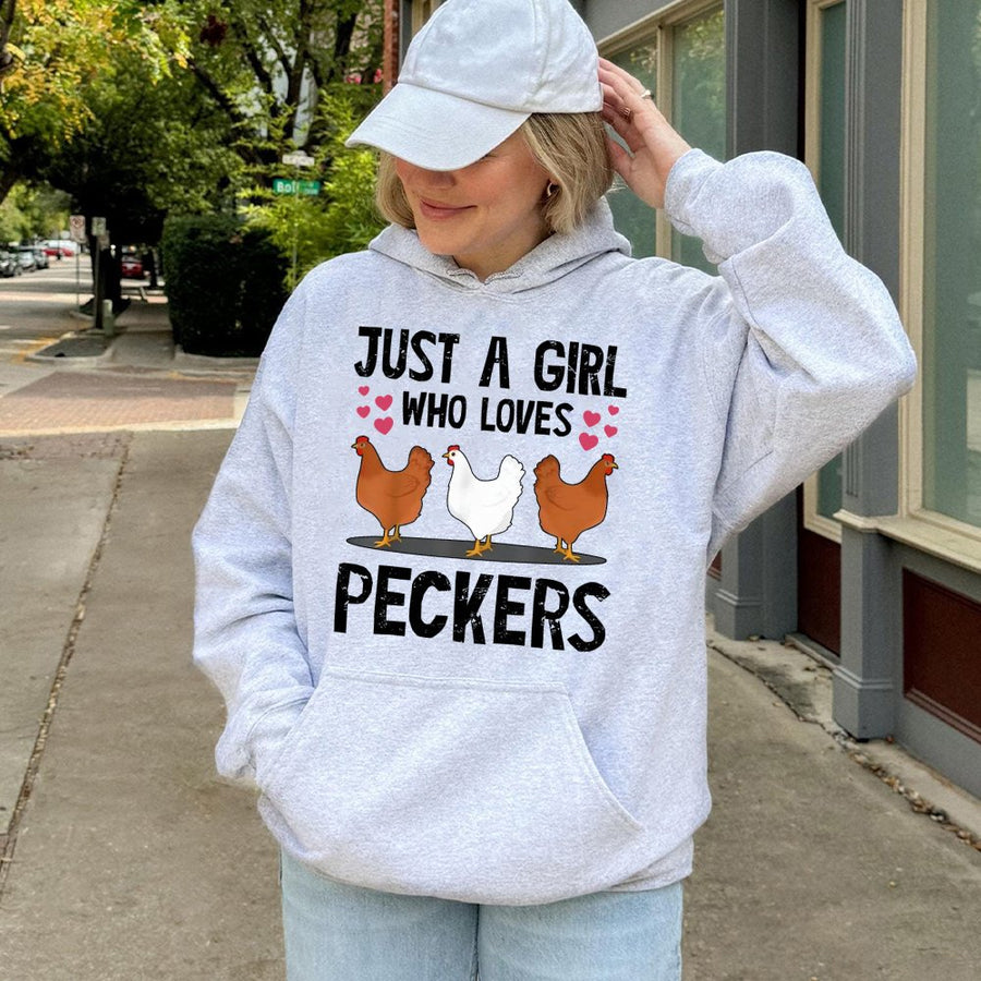 Just A Girl Who Loves Peckers Hoodie | Funny Chicken Pun Graphic Sweatshirt | Premium Cotton Blend | Gift For Chicken Mom And Farmer