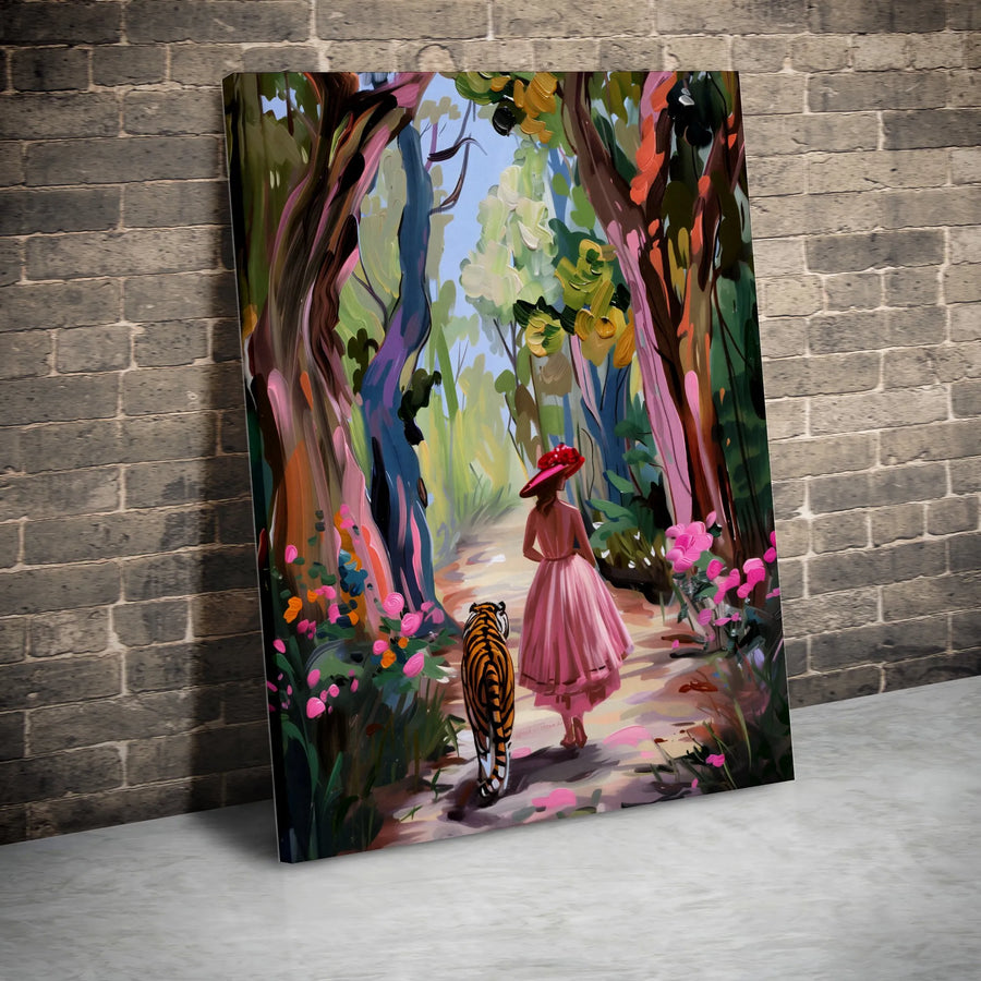 Woman with Tiger Canvas Wall Art | Surreal Fantasy Forest Painting Print | Premium Gallery Wrap Canvas | Eclectic Living Room Decor & Unique Art Gift