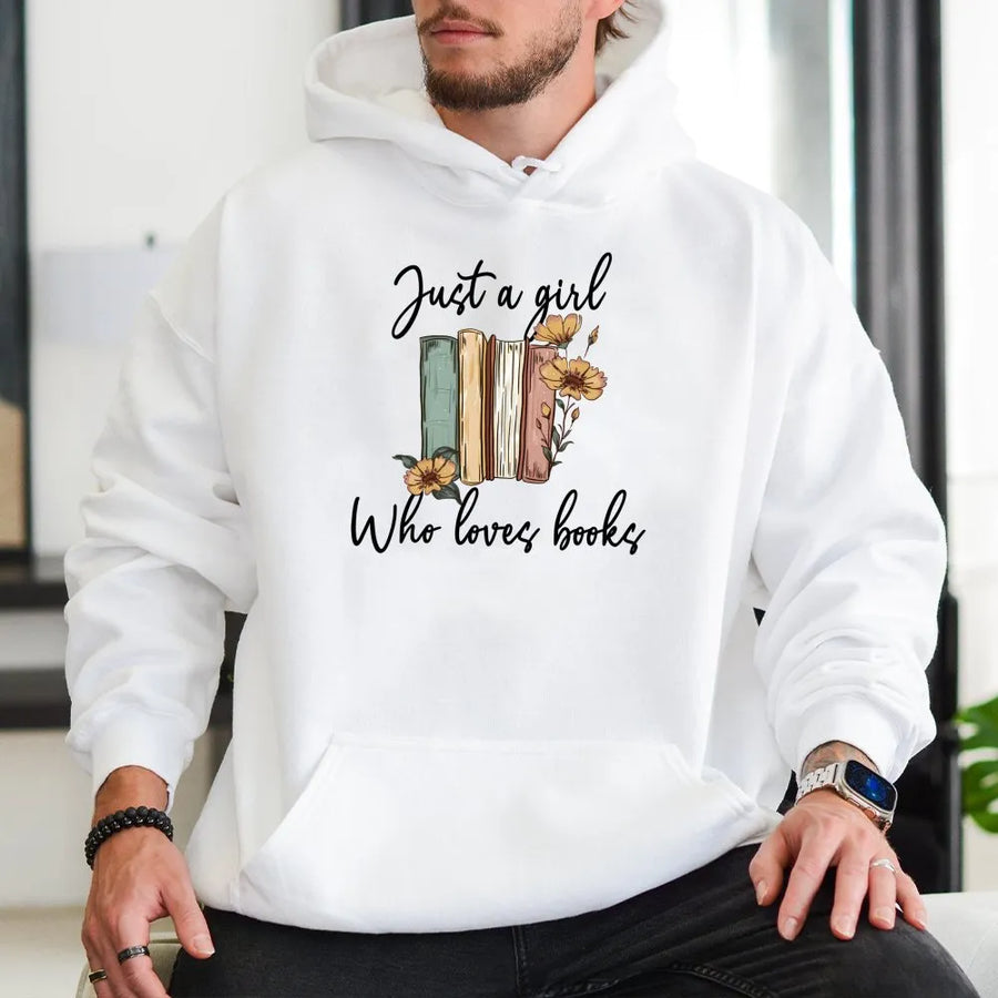 Just A Girl Who Loves Books Hoodie | Floral Aesthetic Library Design | Premium Cotton Blend | Gift For Book Readers, Librarian, Teacher