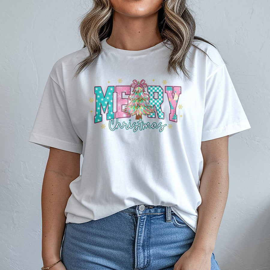 Merry Christmas T-Shirt | Pastel Aesthetic Holiday Tree Graphic | Soft Cotton Festive Holiday Gift | Women and Teens Winter Holiday Party Outfit
