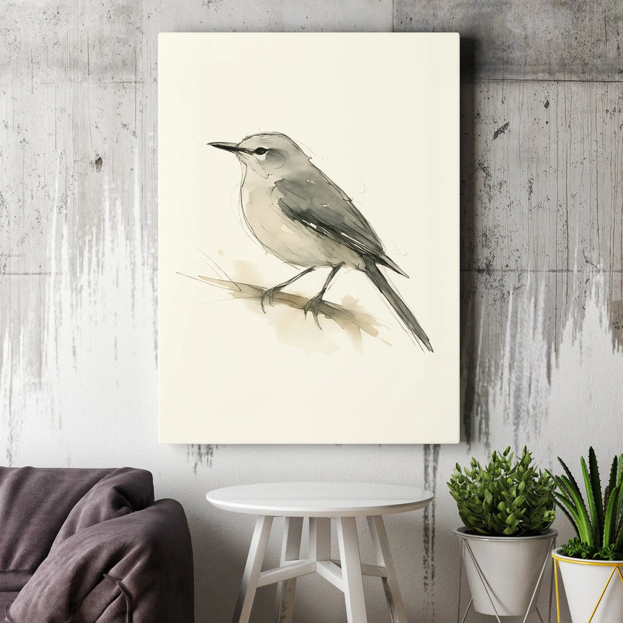 Minimalist Bird Wall Art | Ink and Wash Songbird Sketch | Premium Thick Gallery Canvas | Modern Nature Decor Gift for Bird Lover