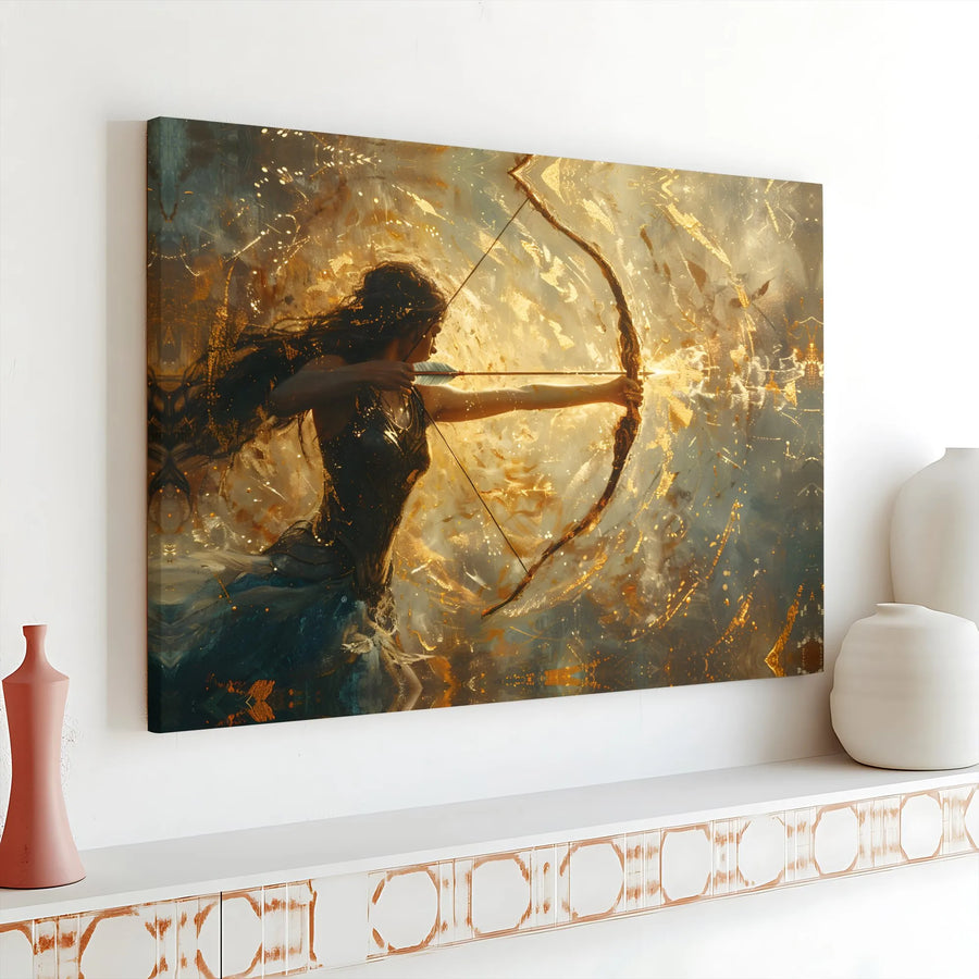 Female Archer Canvas Wall Art | Golden Abstract Warrior Goddess Decor | 1.25” Gallery Wrap Premium Print | Empowering Fantasy Home Decor