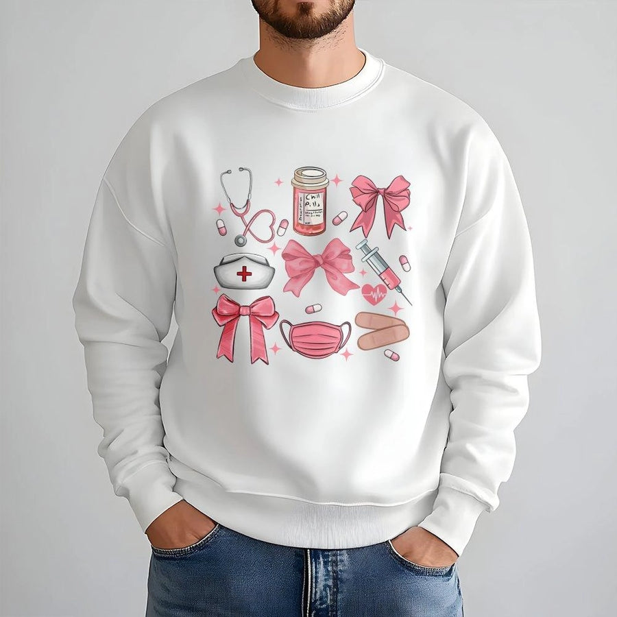 Coquette Nurse Sweatshirt | Pink Bow Medical Graphic Design | Cotton Blend Crewneck | Gift for Nurse RN CNA Student
