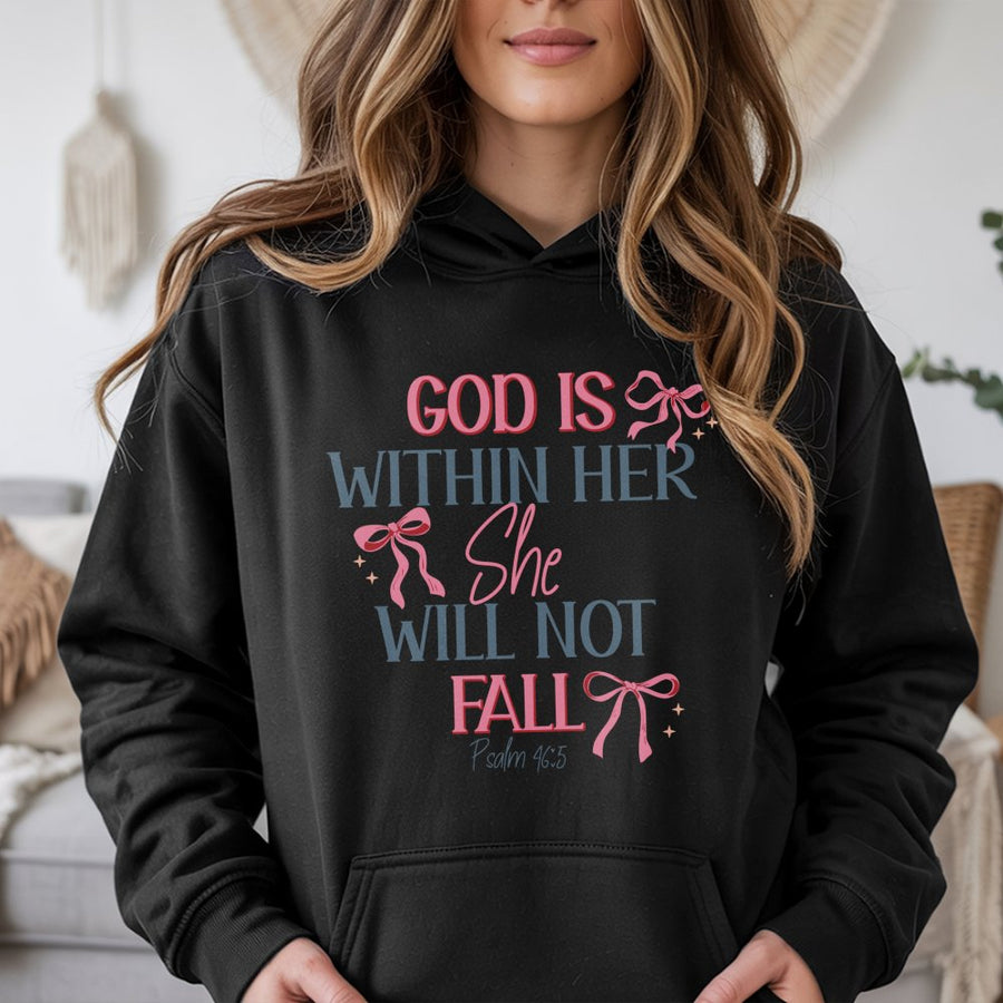 God Is Within Her Hoodie | Psalm 46:5 Coquette Bow Aesthetic | Premium Cotton-Blend Christian Graphic Sweatshirt | Gift for Women and Teens