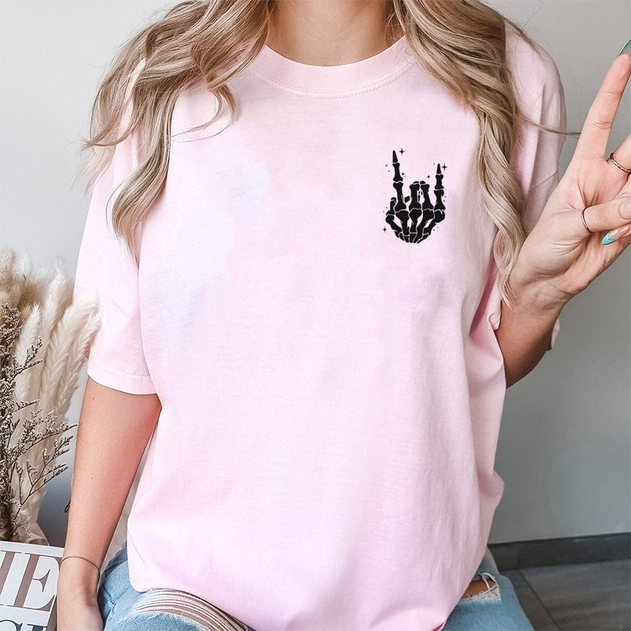 Skeleton Hand Rock On T-Shirt | Minimalist Heavy Metal Graphic Print | Premium 100% Cotton Tee | Edgy Music Lover Gift For Men And Women