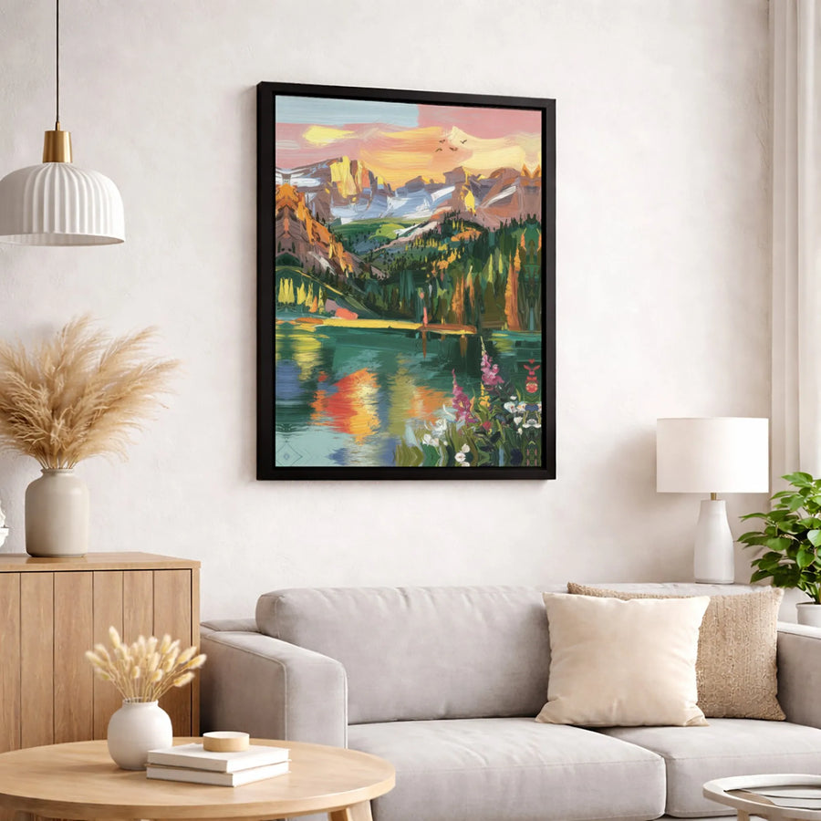 Mountain Lake Canvas Print | Impressionist Wildflower Landscape Art | 1.25" Premium Gallery Wrap | Nature Wall Decor Gift for Nature Lovers