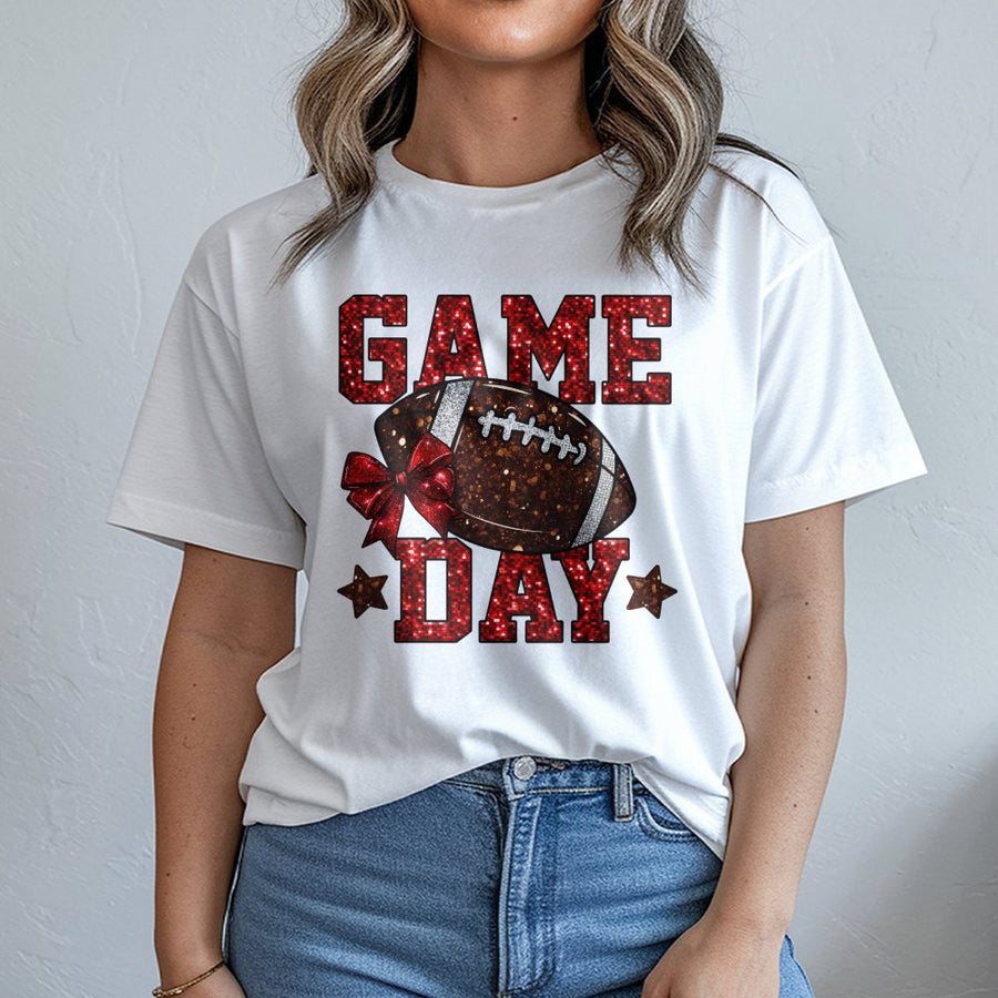 Game Day Football T-Shirt | Red Glitter Bow Graphic Design | Premium 100% Cotton Apparel | Sporty Gift for Football Moms and Fans