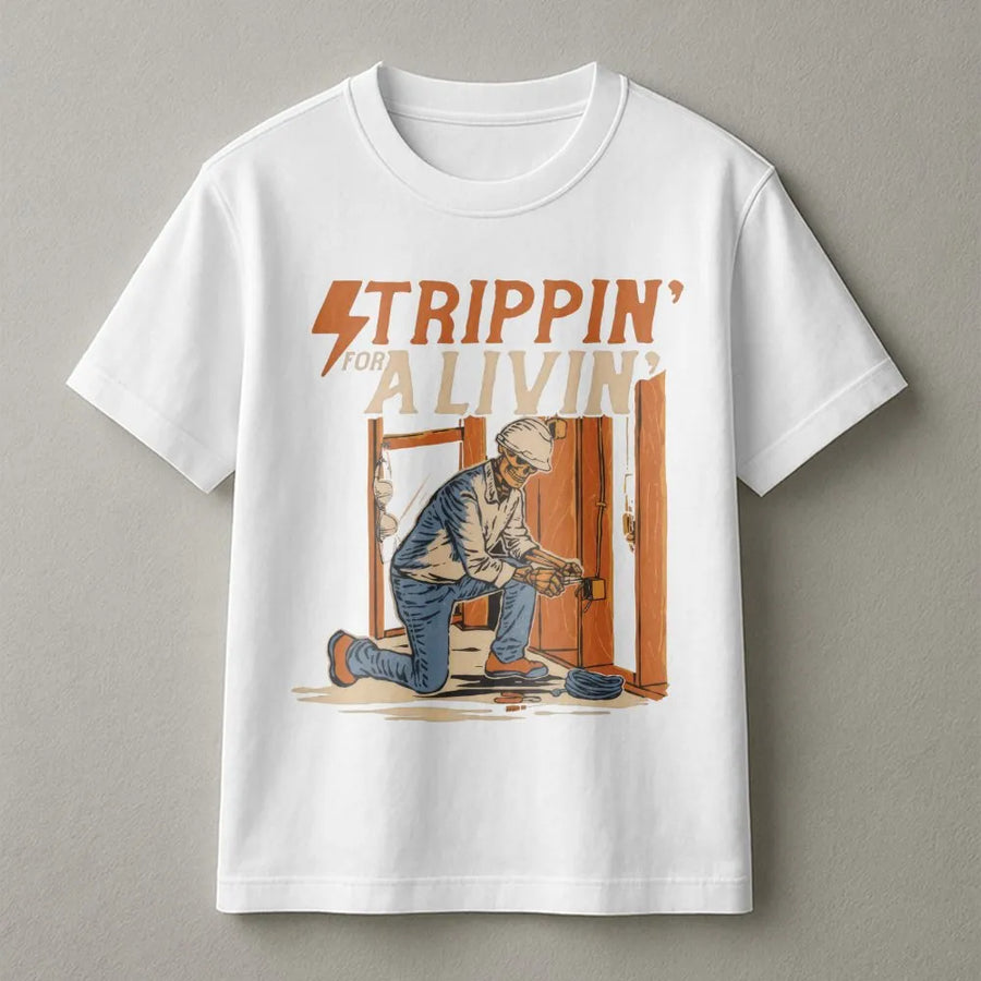 Electrician T-Shirt | Strippin' For A Livin' Funny Skeleton Wiring Graphic | Premium Cotton Crewneck | Unique Gift for Electrical Workers & Linemen