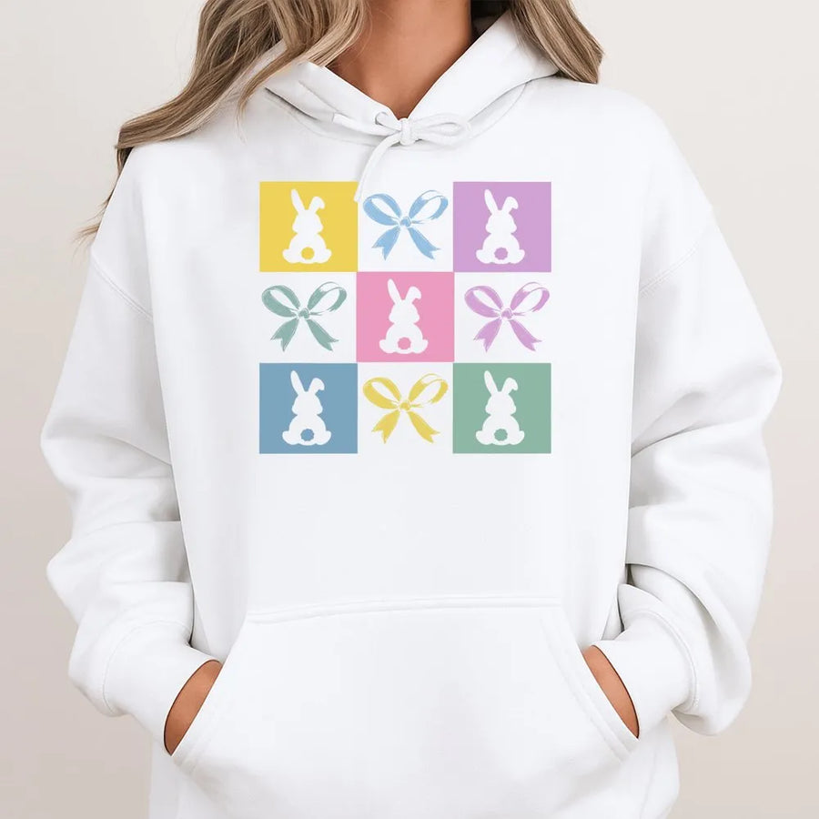 Easter Bunny Hoodie | Pastel Checkered Rabbit & Bow Graphic | Cotton-Blend Premium Comfort | Cute Spring Holiday Gift For Women