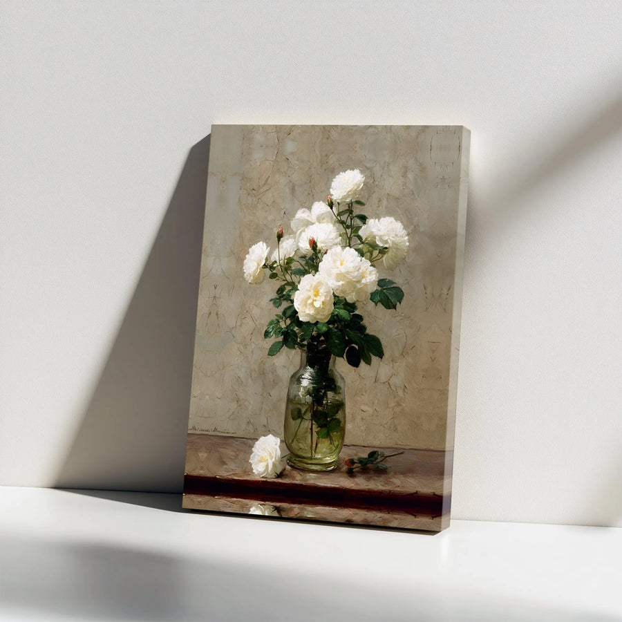 Vintage Floral Canvas Wall Art | White Roses Still Life Painting | Premium Thick Gallery Wrap Canvas | Rustic Farmhouse Living Room Decor Gift