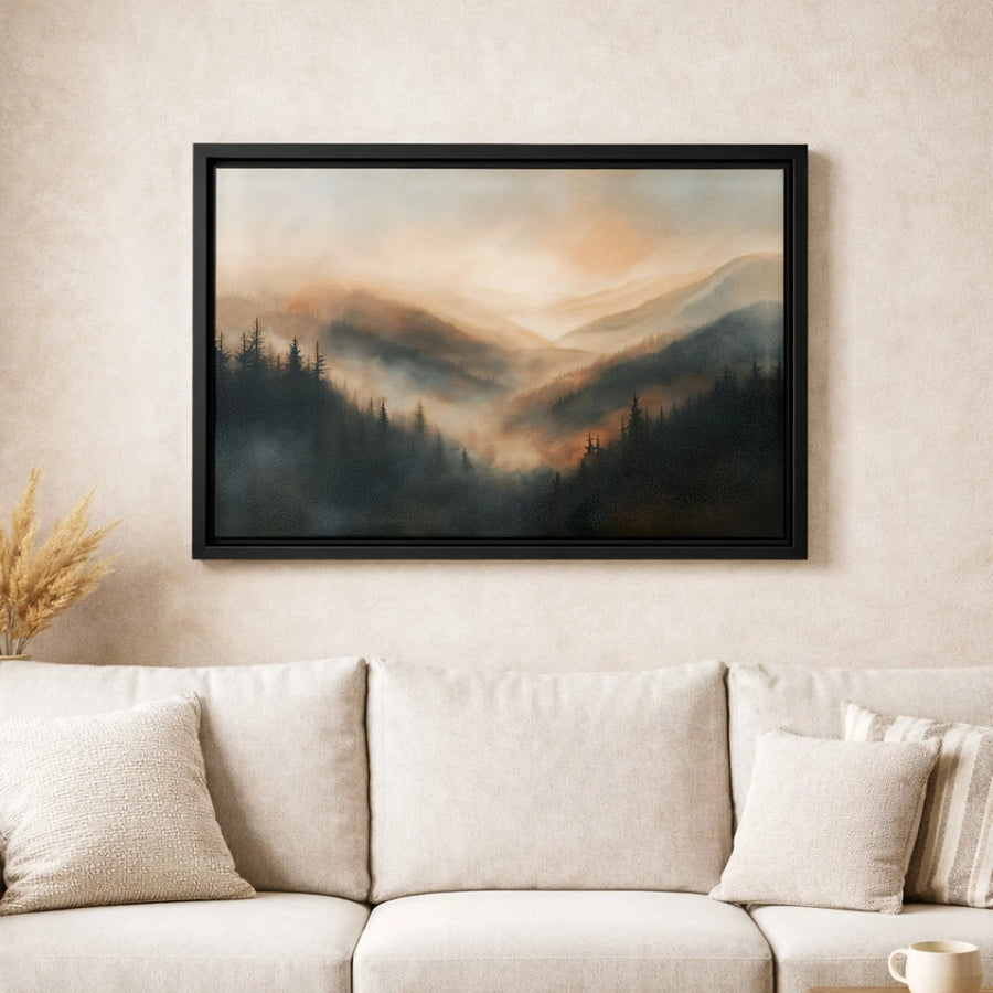 Misty Mountain Forest Canvas Wall Art | Sunrise Landscape Print | 1.25-Inch Gallery Wrap | Modern Nature Home Decor