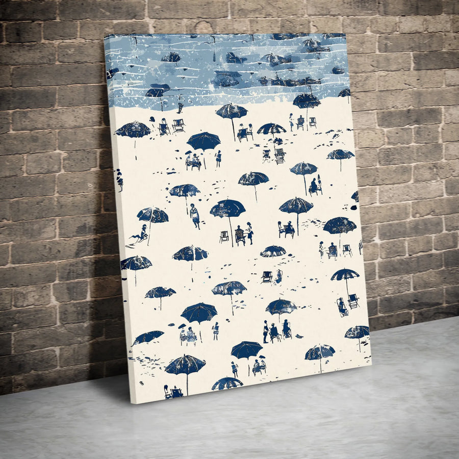 Coastal Beach Scene Canvas Art | Blue and White Summer Umbrella Print | Gallery Quality 1.25-inch Profile | Nautical Decor for Beach House Living Room