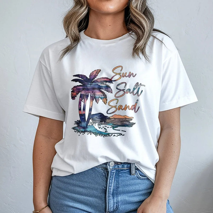 Sun Salt Sand Beach T-Shirt | Retro Palm Tree Sunset Graphic | Premium 100% Cotton Tee | Summer Vacation Outfit Gift For Her & Him