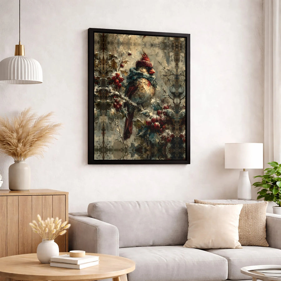 Winter Cardinal Canvas Wall Art | Whimsical Bird in Scarf Painting | 1.25” Gallery Wrap Premium Print | Cozy Holiday Home Decor Gift