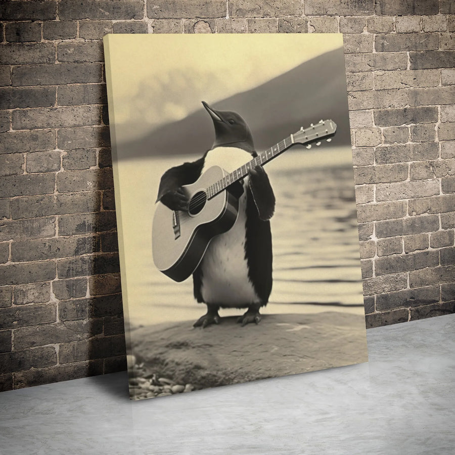 Penguin Playing Acoustic Guitar Canvas Wall Art | Whimsical Animal Musician Portrait | Premium Gallery Wrapped Decor | Unique Gift For Music Lovers