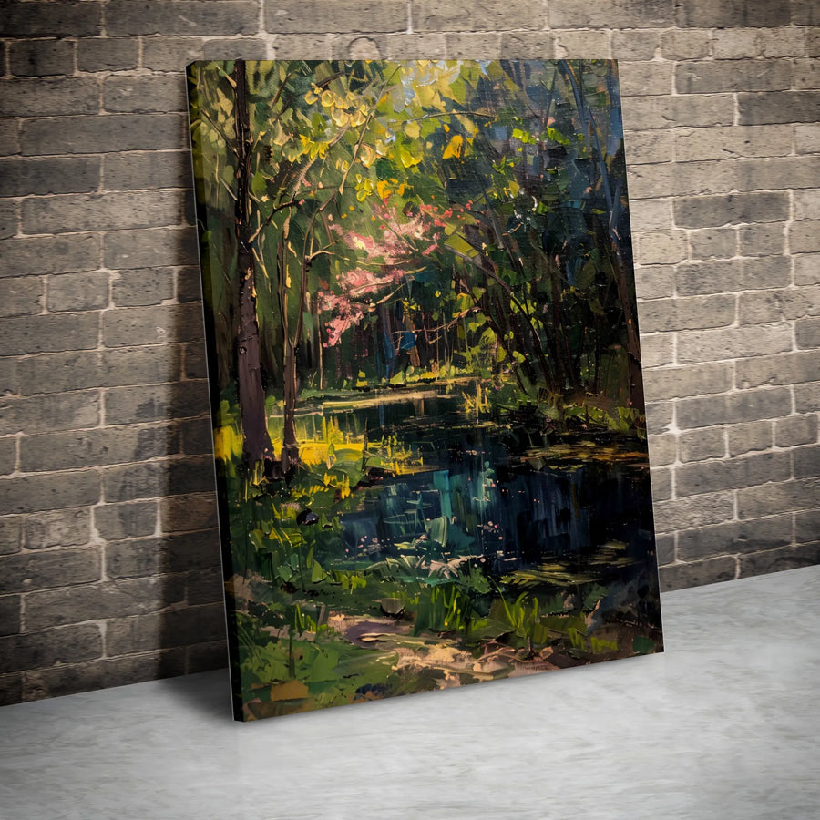 Impressionist Forest River Canvas Art | Moody Landscape Oil Painting Style | Premium Fade-Resistant Print | Elegant Nature Home Decor Gift
