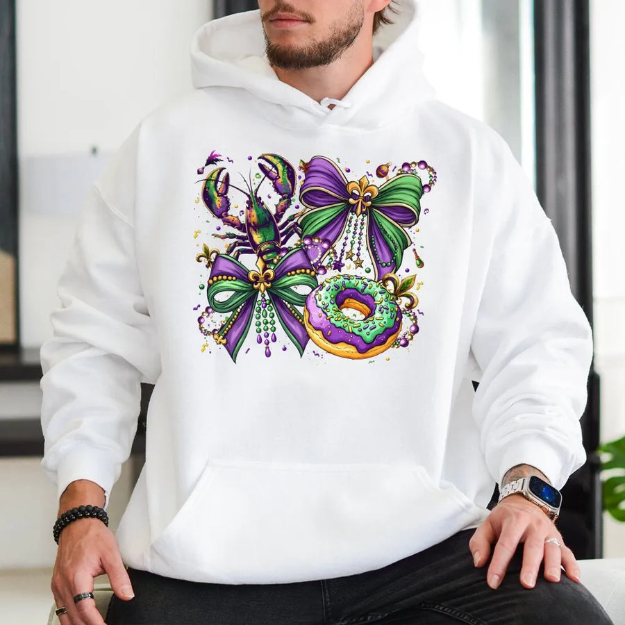 Mardi Gras Hoodie | Lobster And Coquette Bow Design | Premium Cotton Blend | Festive Carnival Gift For Her And Him