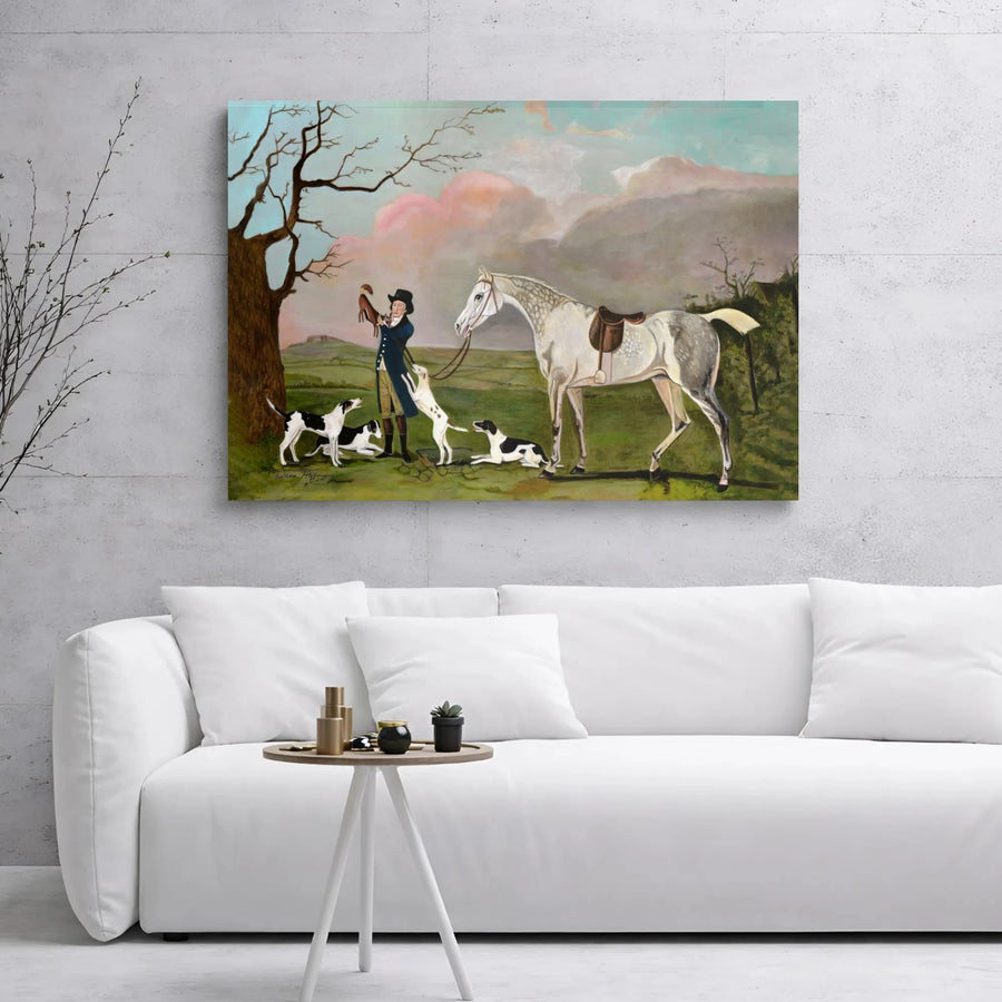 Equestrian Wall Art Canvas | Vintage Hunter Horse And Hounds Painting | Premium Gallery Wrap Print | Classic Farmhouse Home Decor