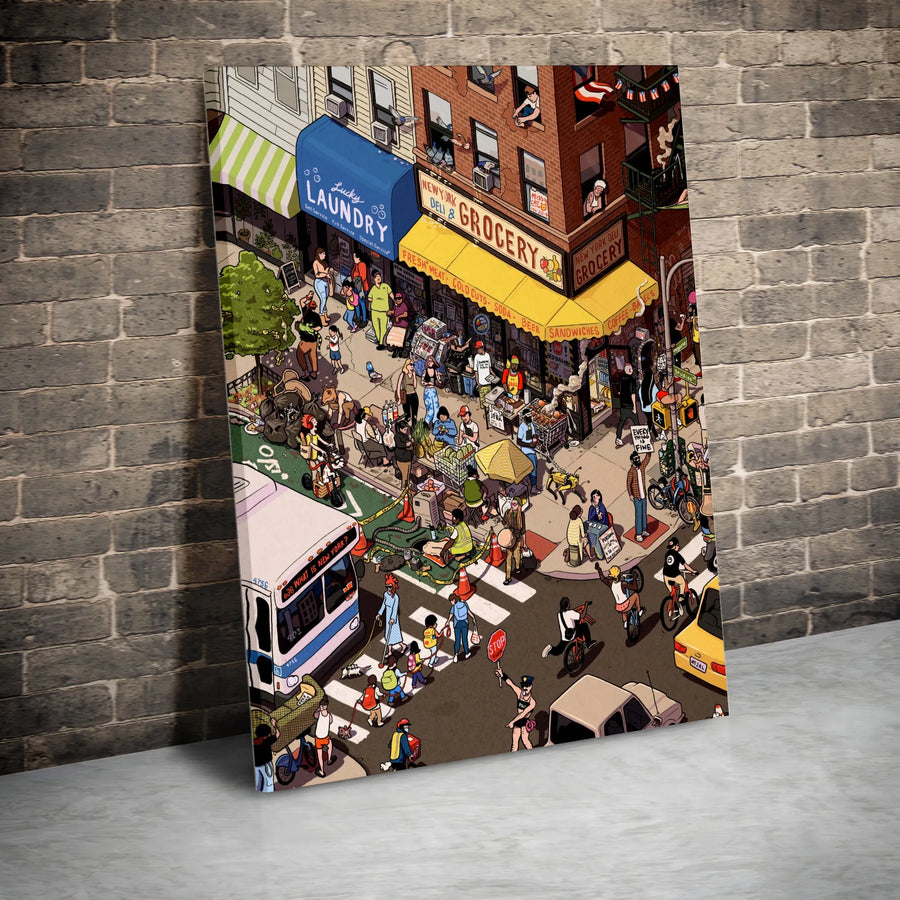 New York City Street Scene Canvas Print | Detailed Isometric Illustration | Premium Thick Gallery Wrap | Urban Art Collector Gift for Home or Office Decor