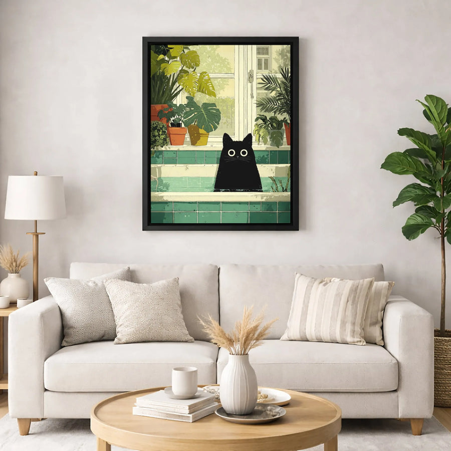 Black Cat in Bathtub Wall Art | Whimsical Botanical Bathroom Decor | Premium Gallery Wrap Canvas | Unique Gift for Cat Lovers