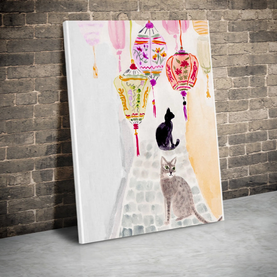 Chinatown Cats Canvas Art | Watercolor Kitties & Lanterns Painting | Premium 1.25" Thick Gallery Wrap | Unique Wall Decor Gift for Cat Lovers