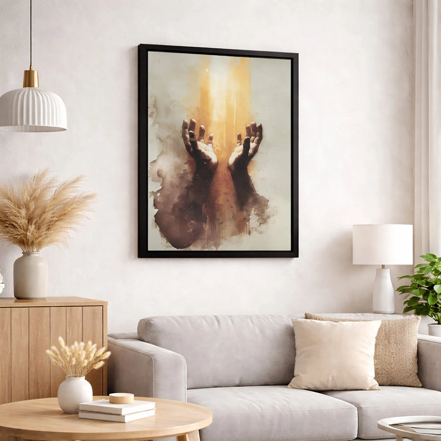 Worship Hands Canvas Print | Heavenly Light Abstract Wall Art | Premium Fade-Resistant Gallery Wrap | Religious Home Decor Gift for Believers