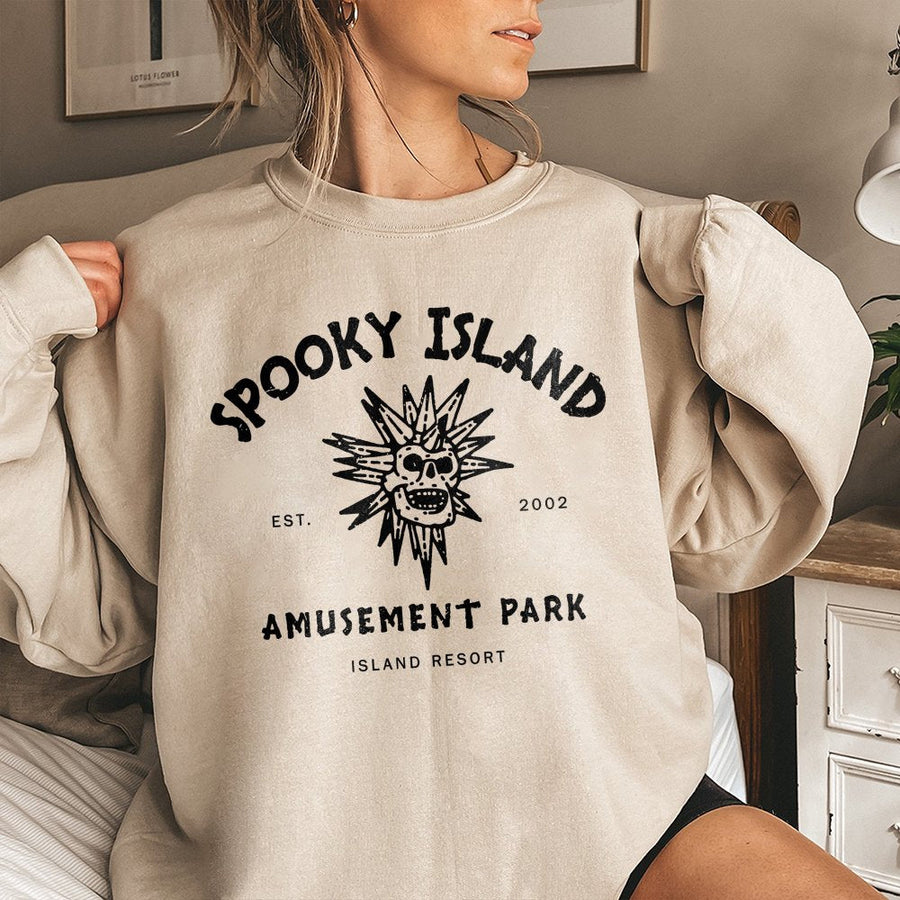 Spooky Island Sweatshirt | Retro Amusement Park Skull Graphic | Premium Cotton Blend | Halloween Costume Gift for Horror Fans